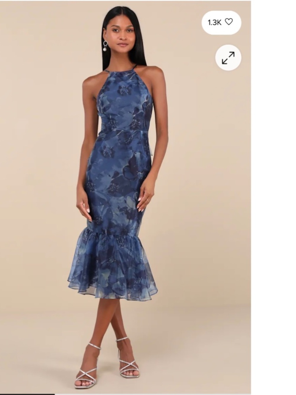 Lulus Admirable Essence Navy Blue Floral Organza Trumpet Midi Dress Sz M NWT